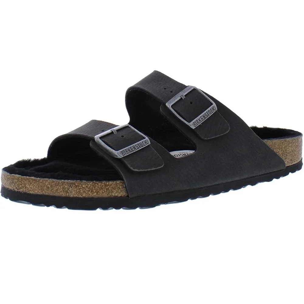 Birkenstock Arizona BS Desert Dust Black Shearling Sandals Mens 9 Womens 11 New